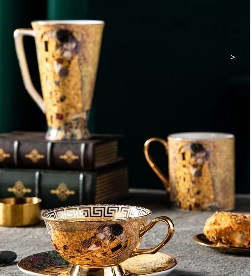 Klimt Kiss Bone China Mugs, Coffee Cups with Spoon, Gustav Klimt Porcelain,