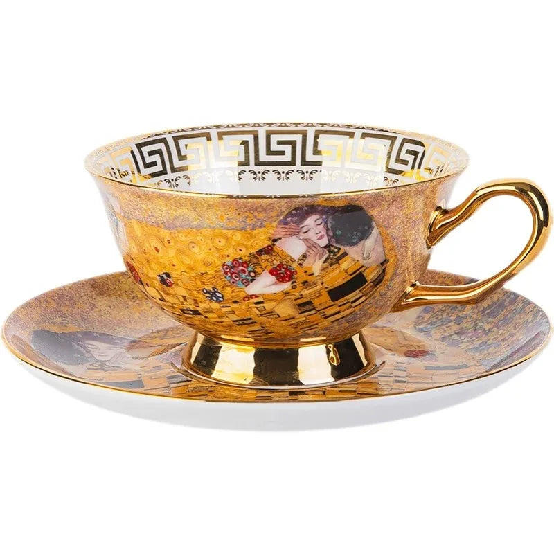 Klimt Kiss Bone China Mugs, Coffee Cups with Spoon, Gustav Klimt Porcelain,