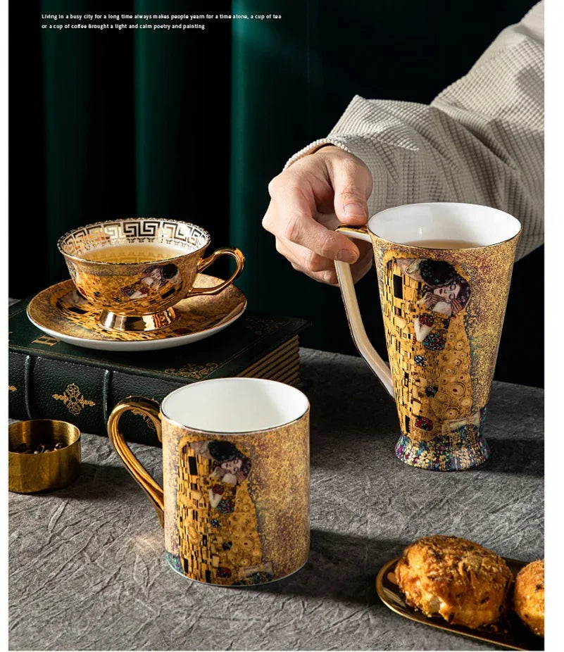 Klimt Kiss Bone China Mugs, Coffee Cups with Spoon, Gustav Klimt Porcelain,