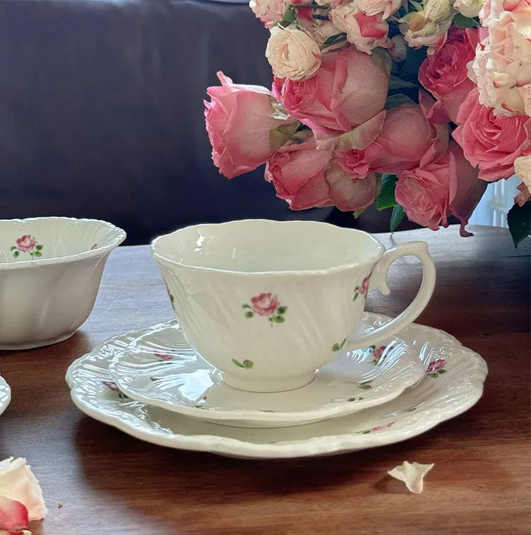 Ceramic Plate Set Coffee Cup Saucer Beautiful Tableware Vintage Rose Dessert Plate