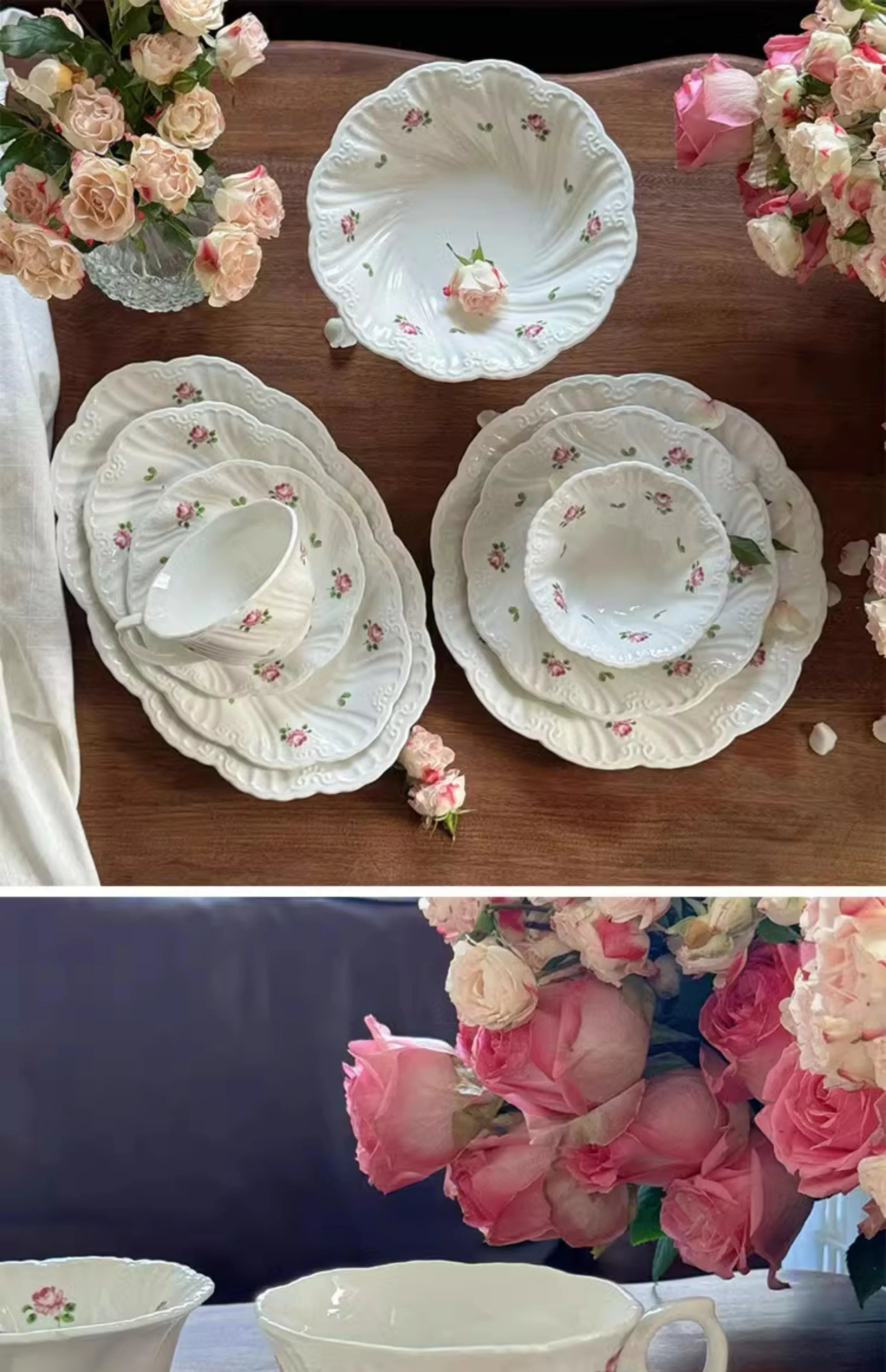 Ceramic Plate Set Coffee Cup Saucer Beautiful Tableware Vintage Rose Dessert Plate