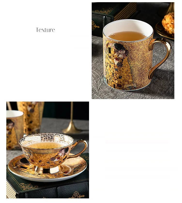 Klimt Kiss Bone China Mugs, Coffee Cups with Spoon, Gustav Klimt Porcelain,