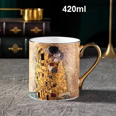Klimt Kiss Bone China Mugs, Coffee Cups with Spoon, Gustav Klimt Porcelain,