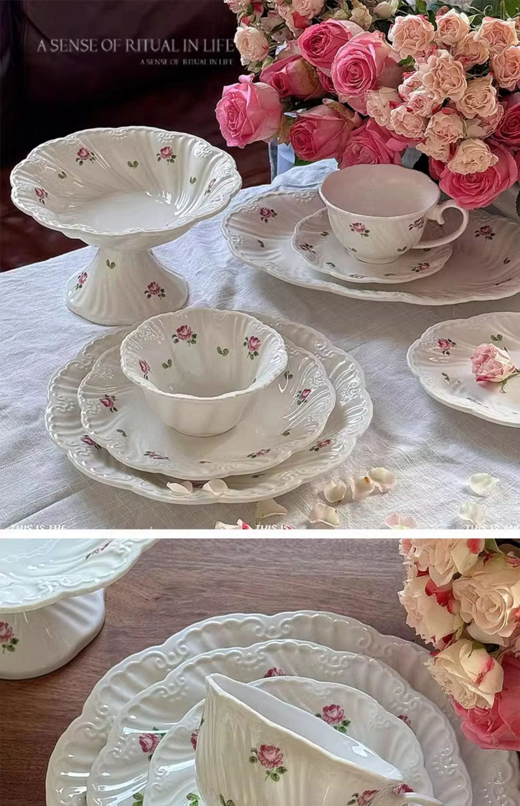 Ceramic Plate Set Coffee Cup Saucer Beautiful Tableware Vintage Rose Dessert Plate