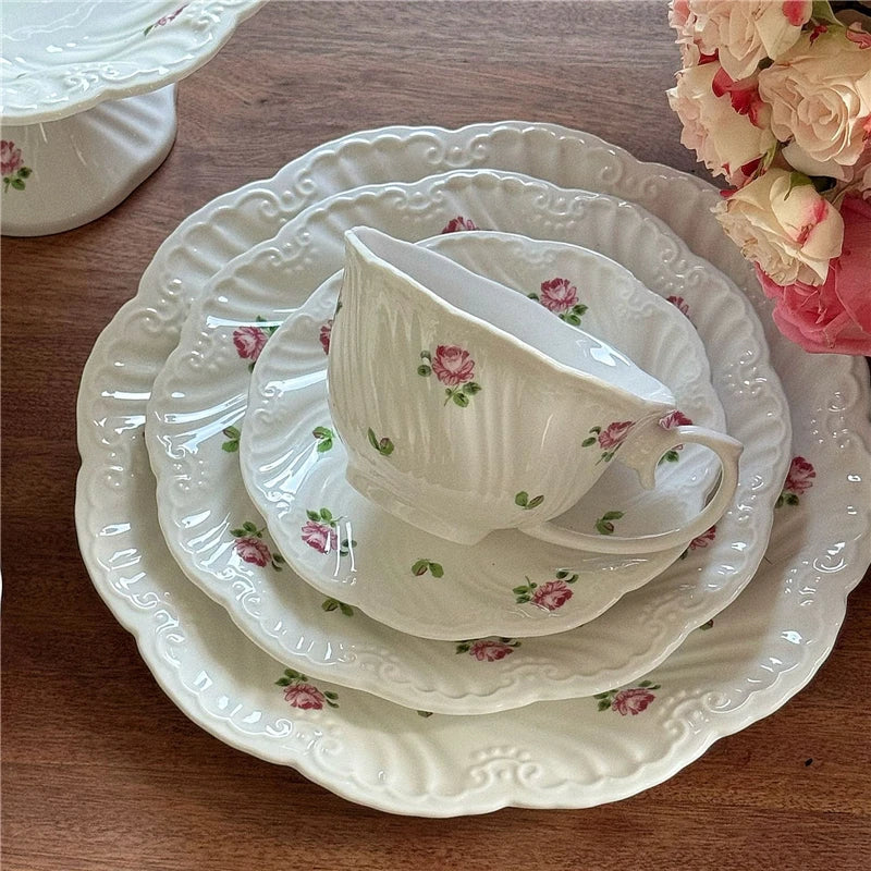 Ceramic Plate Set Coffee Cup Saucer Beautiful Tableware Vintage Rose Dessert Plate