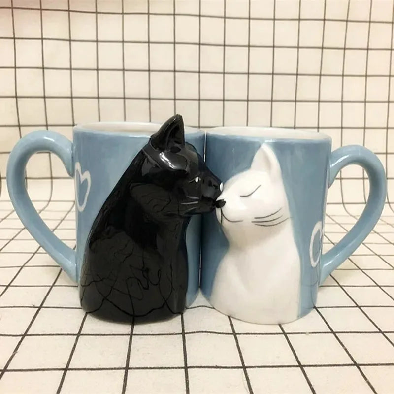 Kiss Cat Ceramic Mugs for Couples  Morning Milk Coffee, Tea Cup Breakfast, Valentines Day Gift