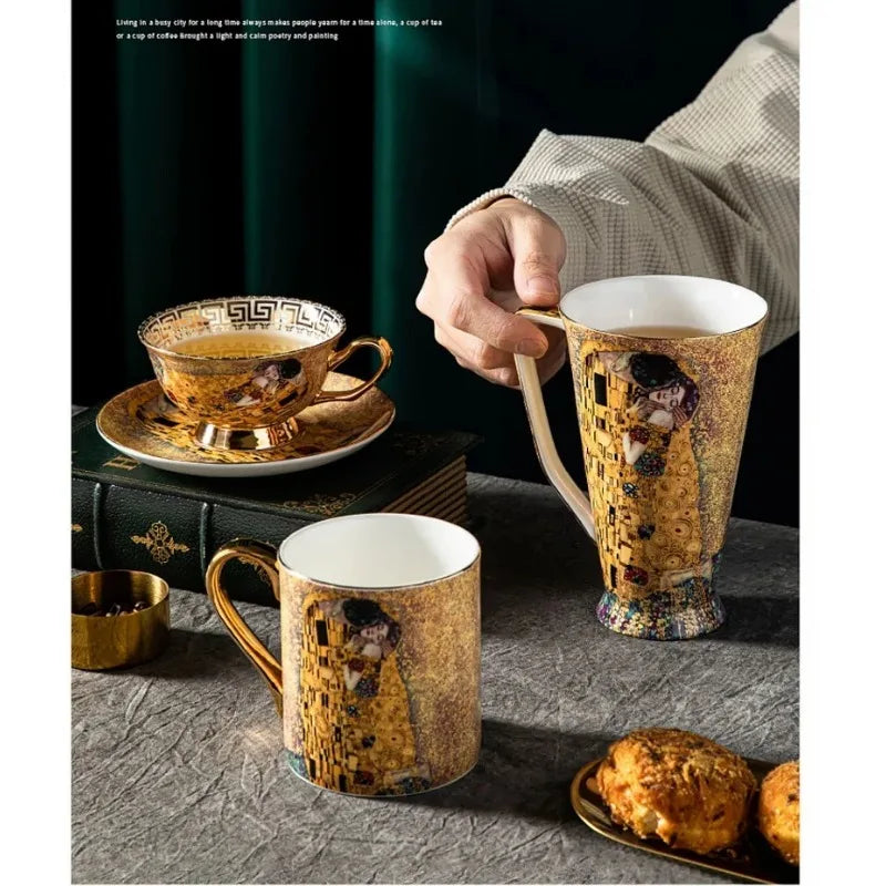 Klimt Kiss Bone China Mugs, Coffee Cups with Spoon, Gustav Klimt Porcelain,
