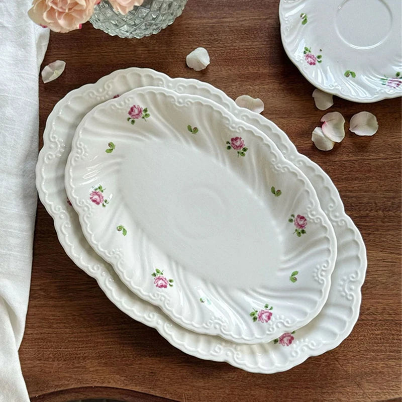 Ceramic Plate Set Coffee Cup Saucer Beautiful Tableware Vintage Rose Dessert Plate