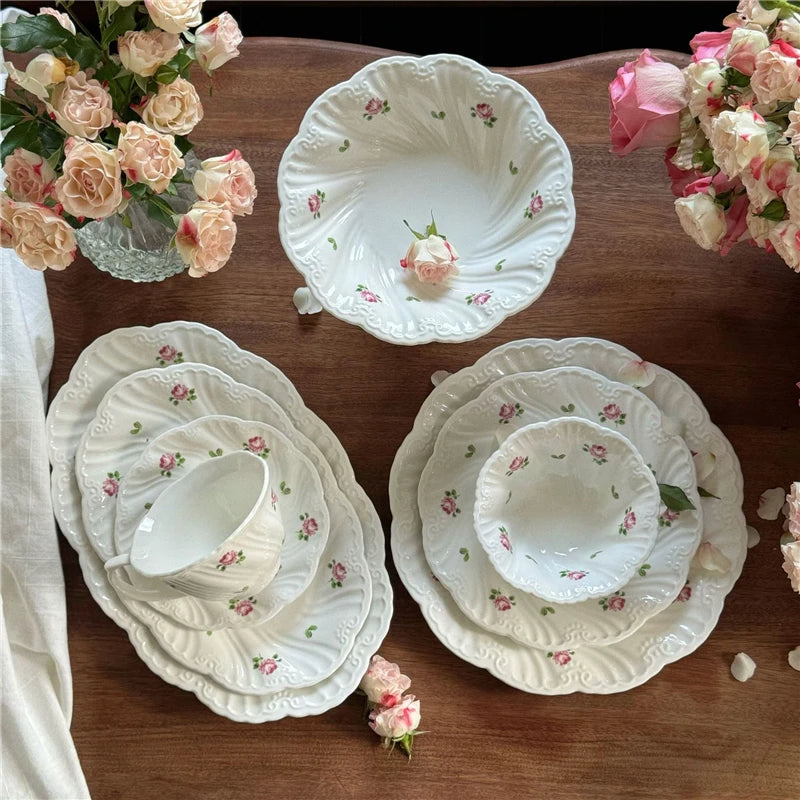 Ceramic Plate Set Coffee Cup Saucer Beautiful Tableware Vintage Rose Dessert Plate