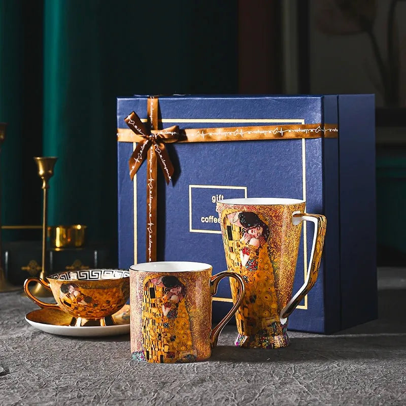 Klimt Kiss Bone China Mugs, Coffee Cups with Spoon, Gustav Klimt Porcelain,