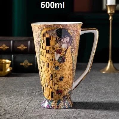 Klimt Kiss Bone China Mugs, Coffee Cups with Spoon, Gustav Klimt Porcelain,