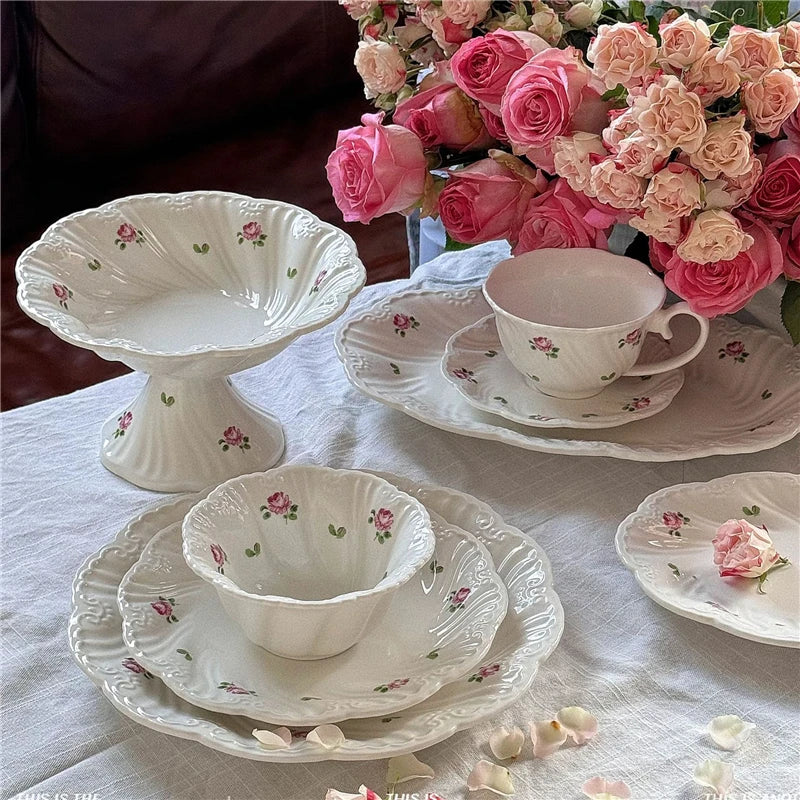 Ceramic Plate Set Coffee Cup Saucer Beautiful Tableware Vintage Rose Dessert Plate