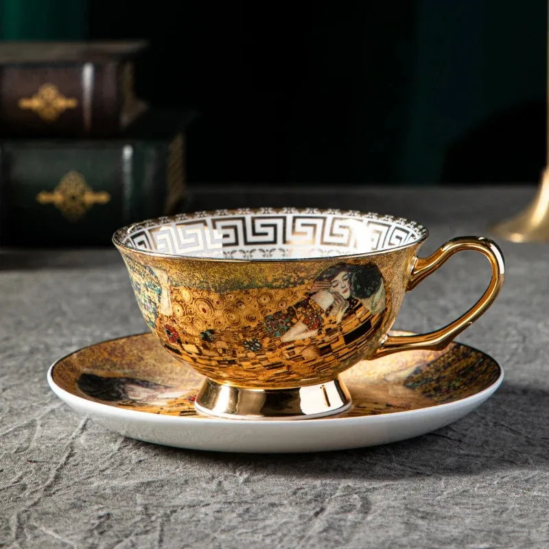 Klimt Kiss Bone China Mugs, Coffee Cups with Spoon, Gustav Klimt Porcelain,
