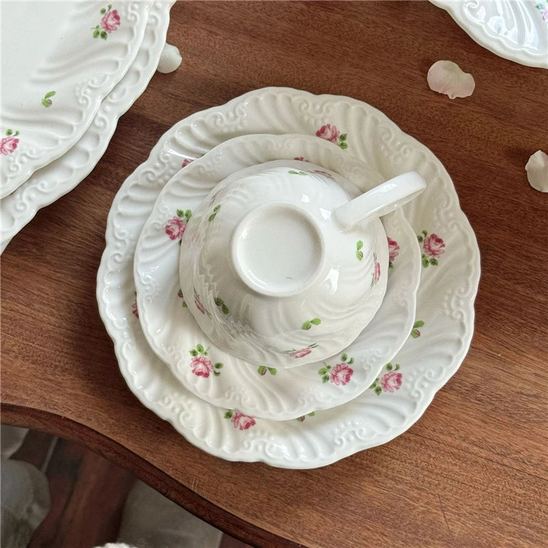 Ceramic Plate Set Coffee Cup Saucer Beautiful Tableware Vintage Rose Dessert Plate