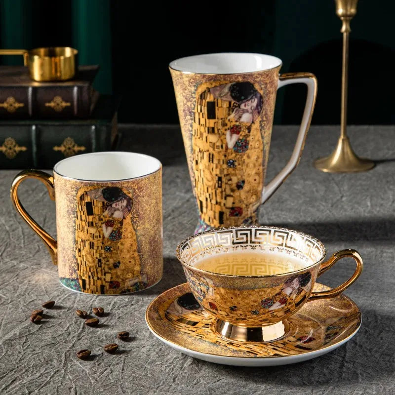 Klimt Kiss Bone China Mugs, Coffee Cups with Spoon, Gustav Klimt Porcelain,