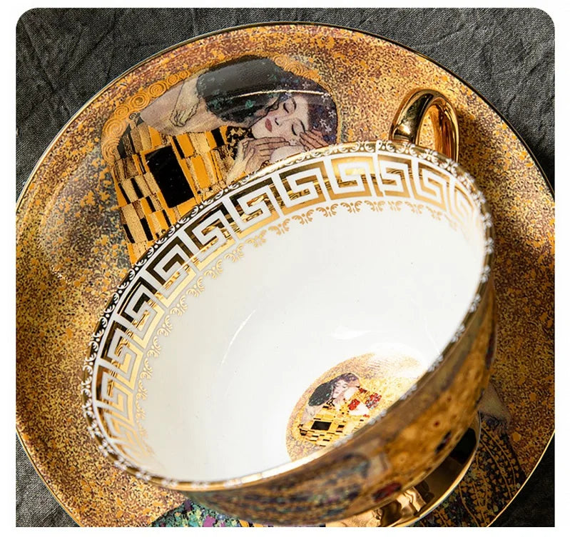 Klimt Kiss Bone China Mugs, Coffee Cups with Spoon, Gustav Klimt Porcelain,