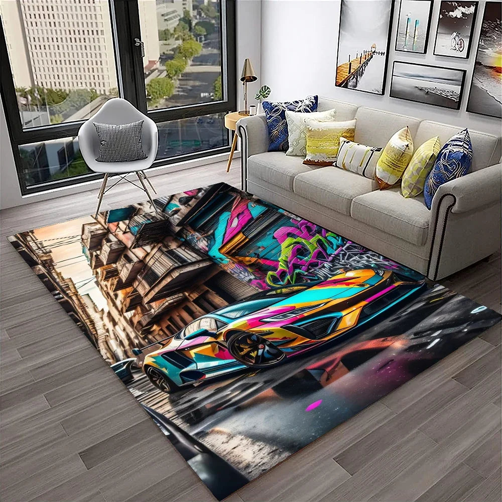 Sports Car Racing Carpet Rug for Living Room, Bedroom, Playroom, Sofa Doormat Decor,