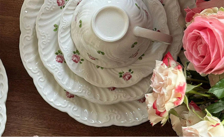 Ceramic Plate Set Coffee Cup Saucer Beautiful Tableware Vintage Rose Dessert Plate