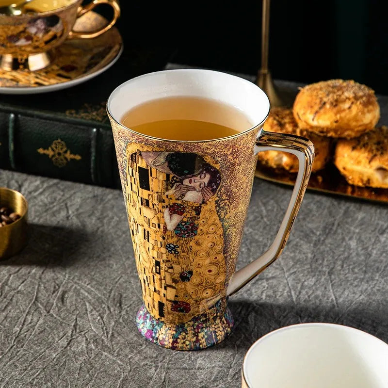 Klimt Kiss Bone China Mugs, Coffee Cups with Spoon, Gustav Klimt Porcelain,