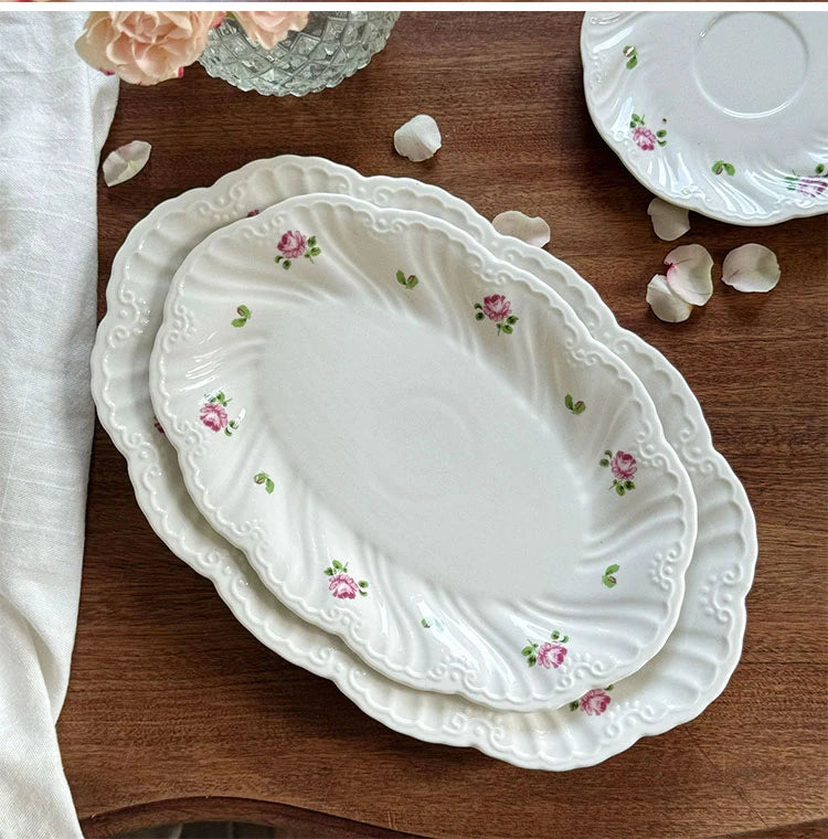 Ceramic Plate Set Coffee Cup Saucer Beautiful Tableware Vintage Rose Dessert Plate