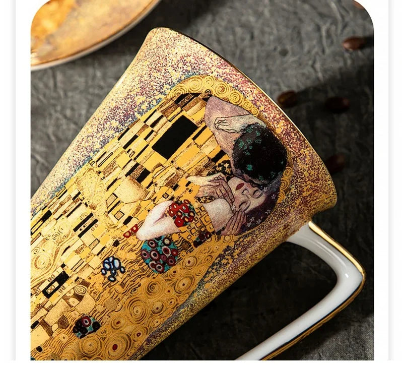 Klimt Kiss Bone China Mugs, Coffee Cups with Spoon, Gustav Klimt Porcelain,