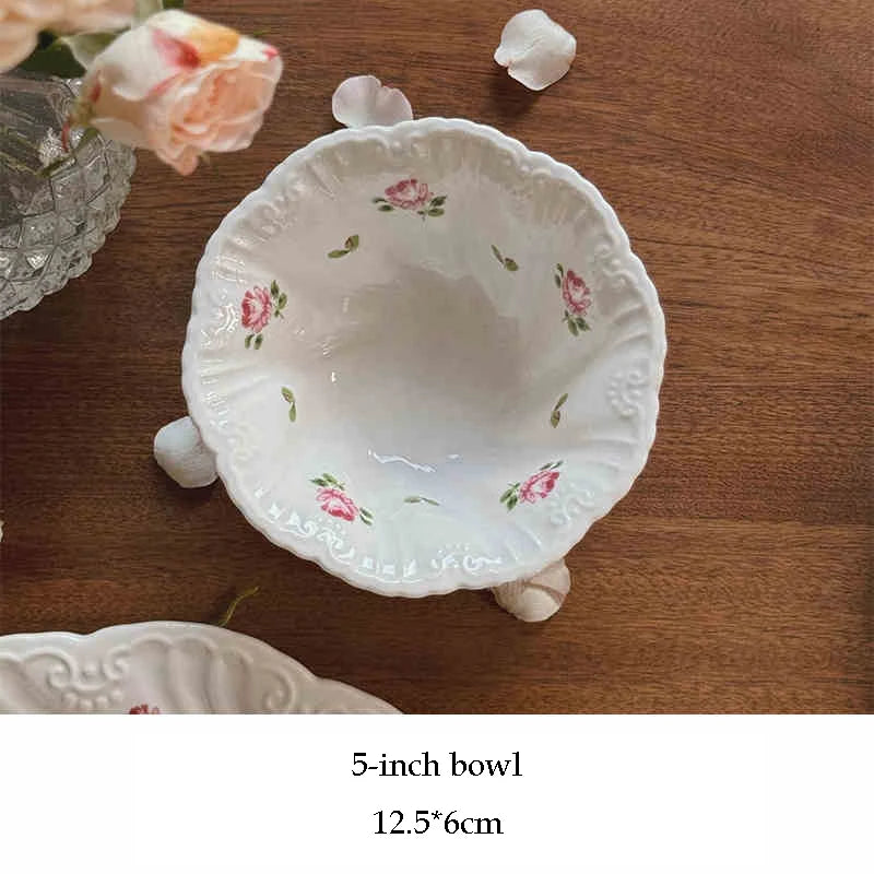 Ceramic Plate Set Coffee Cup Saucer Beautiful Tableware Vintage Rose Dessert Plate