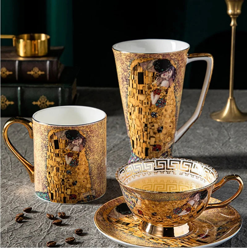 Klimt Kiss Bone China Mugs, Coffee Cups with Spoon, Gustav Klimt Porcelain,