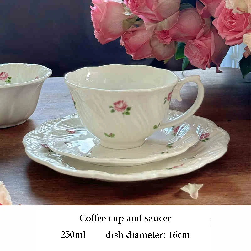 Ceramic Plate Set Coffee Cup Saucer Beautiful Tableware Vintage Rose Dessert Plate