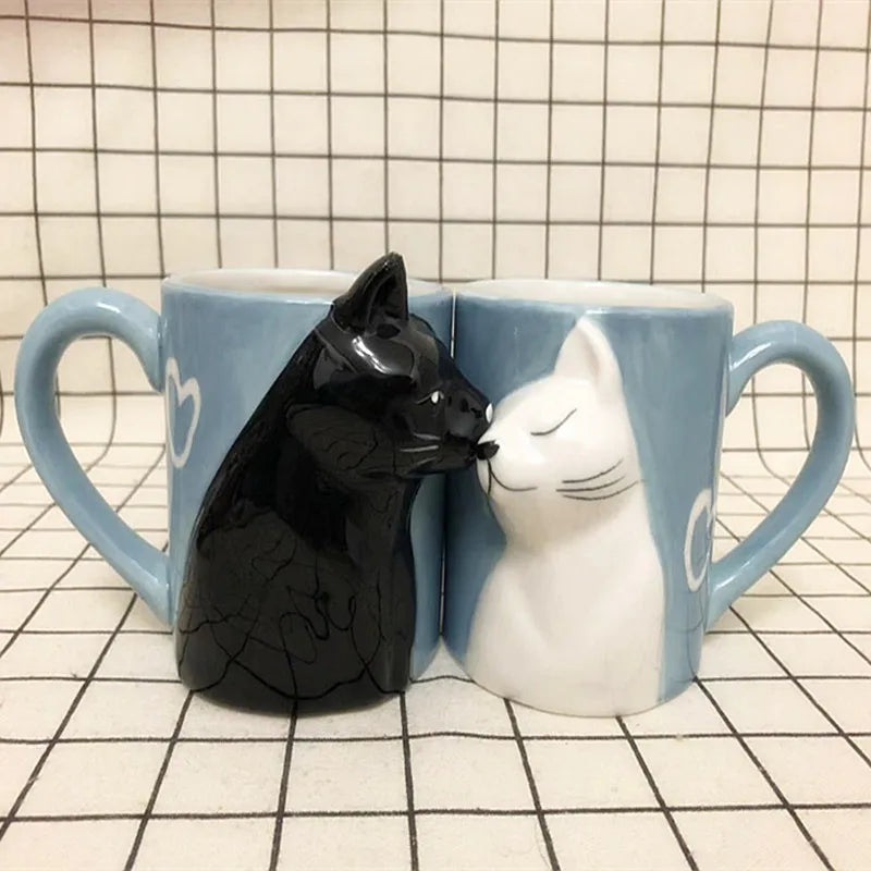 Kiss Cat Ceramic Mugs for Couples  Morning Milk Coffee, Tea Cup Breakfast, Valentines Day Gift