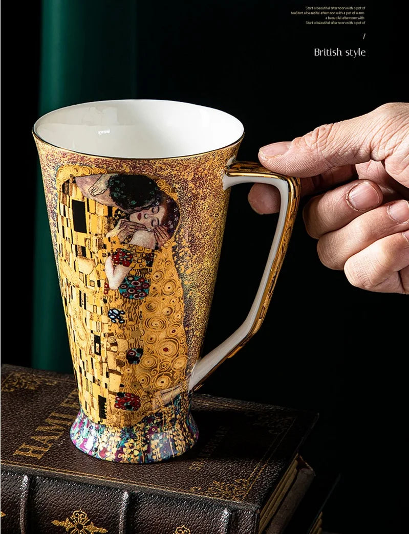 Klimt Kiss Bone China Mugs, Coffee Cups with Spoon, Gustav Klimt Porcelain,