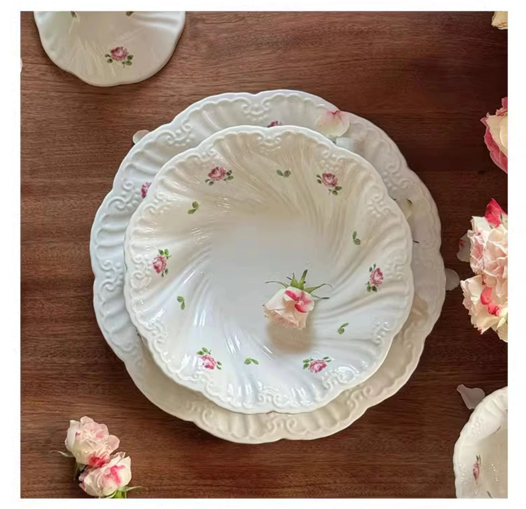 Ceramic Plate Set Coffee Cup Saucer Beautiful Tableware Vintage Rose Dessert Plate