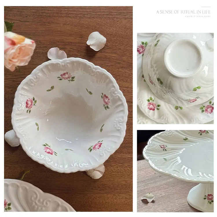 Ceramic Plate Set Coffee Cup Saucer Beautiful Tableware Vintage Rose Dessert Plate