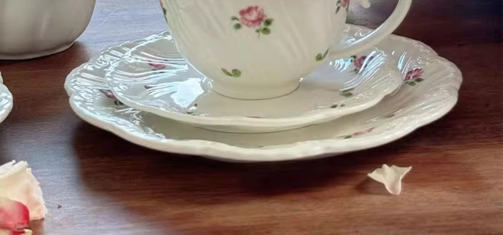 Ceramic Plate Set Coffee Cup Saucer Beautiful Tableware Vintage Rose Dessert Plate